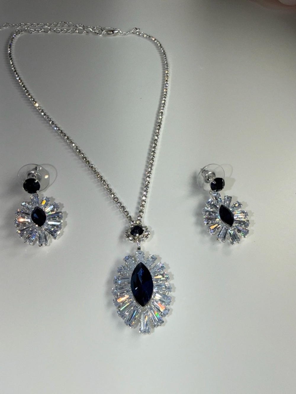 Crystal Sunburst Necklace & Earrings Set with Navy Center Stone -